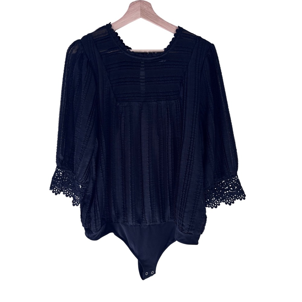 Express Black Lace Textured Stripe Bodysuit XL Scallop Trim 3/4 Sleeve NWT